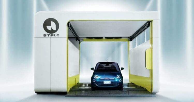 Fiat 500e using an ample battery swap station