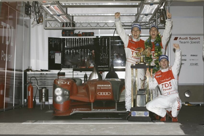Winning ways with Audi: Dumas (bottom right) took outright victory the 24 Hours of Le Mans with Timo Bernhard (centre) and Mike Rockenfeller (left) in 2010 (Image: Audi Sport)