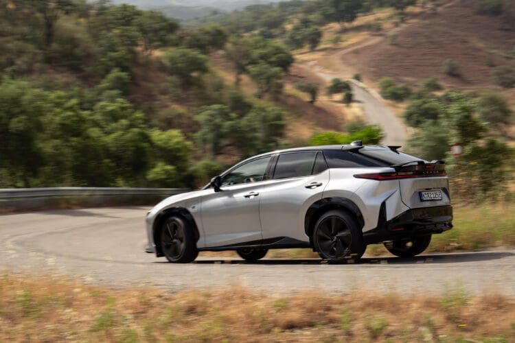 Lexus RZ 550e F Sport driving shot