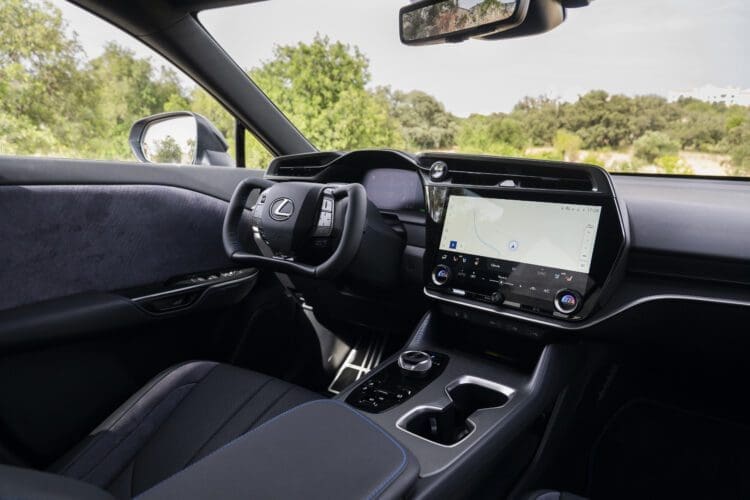 Lexus RZ 550e interior with steer-by-wire steering yoke