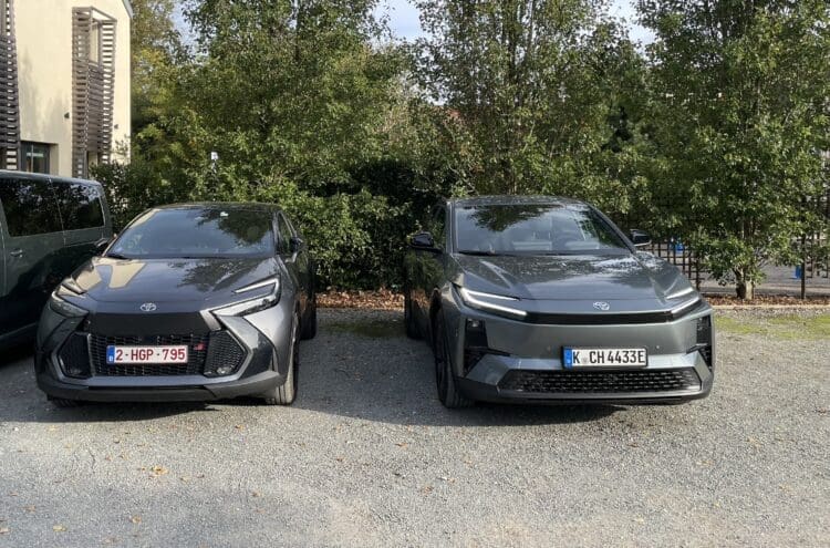 toyota c-hr hybrid and electric c-hr+ parked side by side