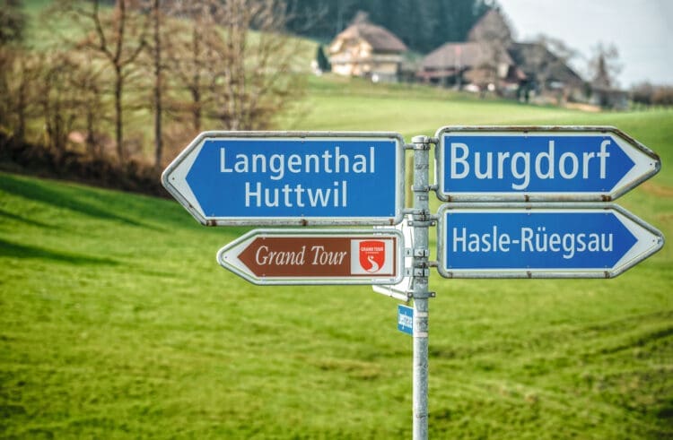grand tour of switzerland road sign